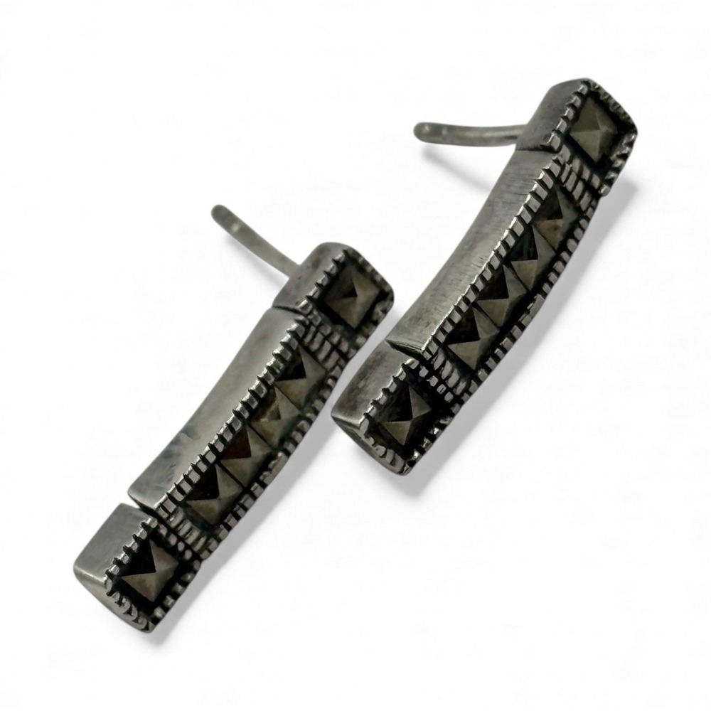 VTG Sterling Silver Earrings Marcasite Stones Bar Drop Hinged Signed Dangle 925
